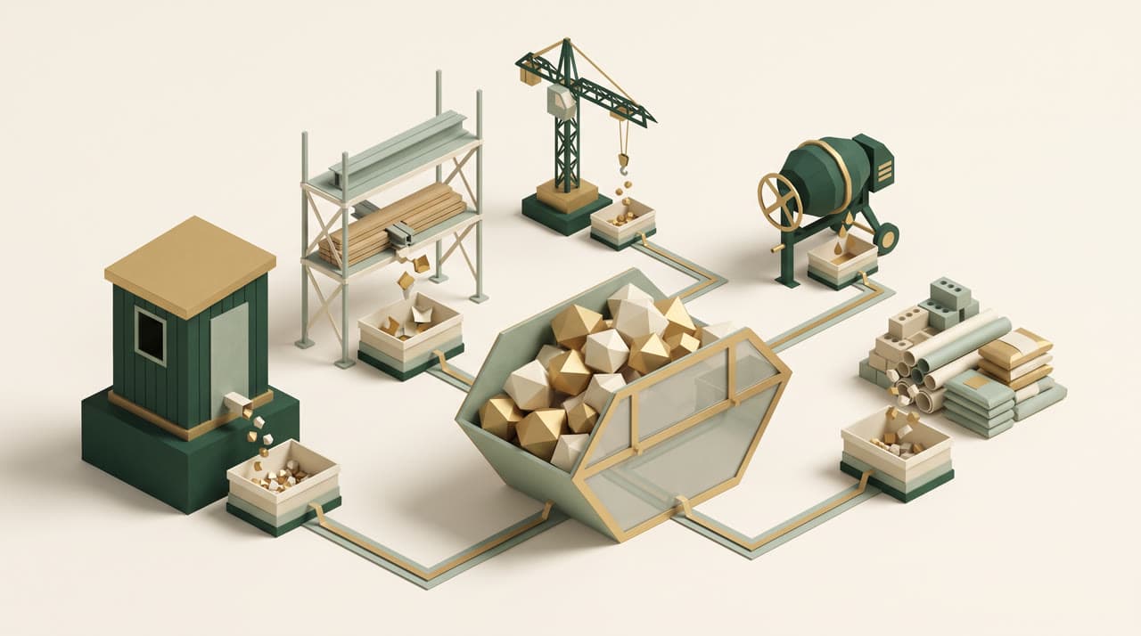 Isometric illustration of scattered construction materials and equipment funnelling into a single collecting container